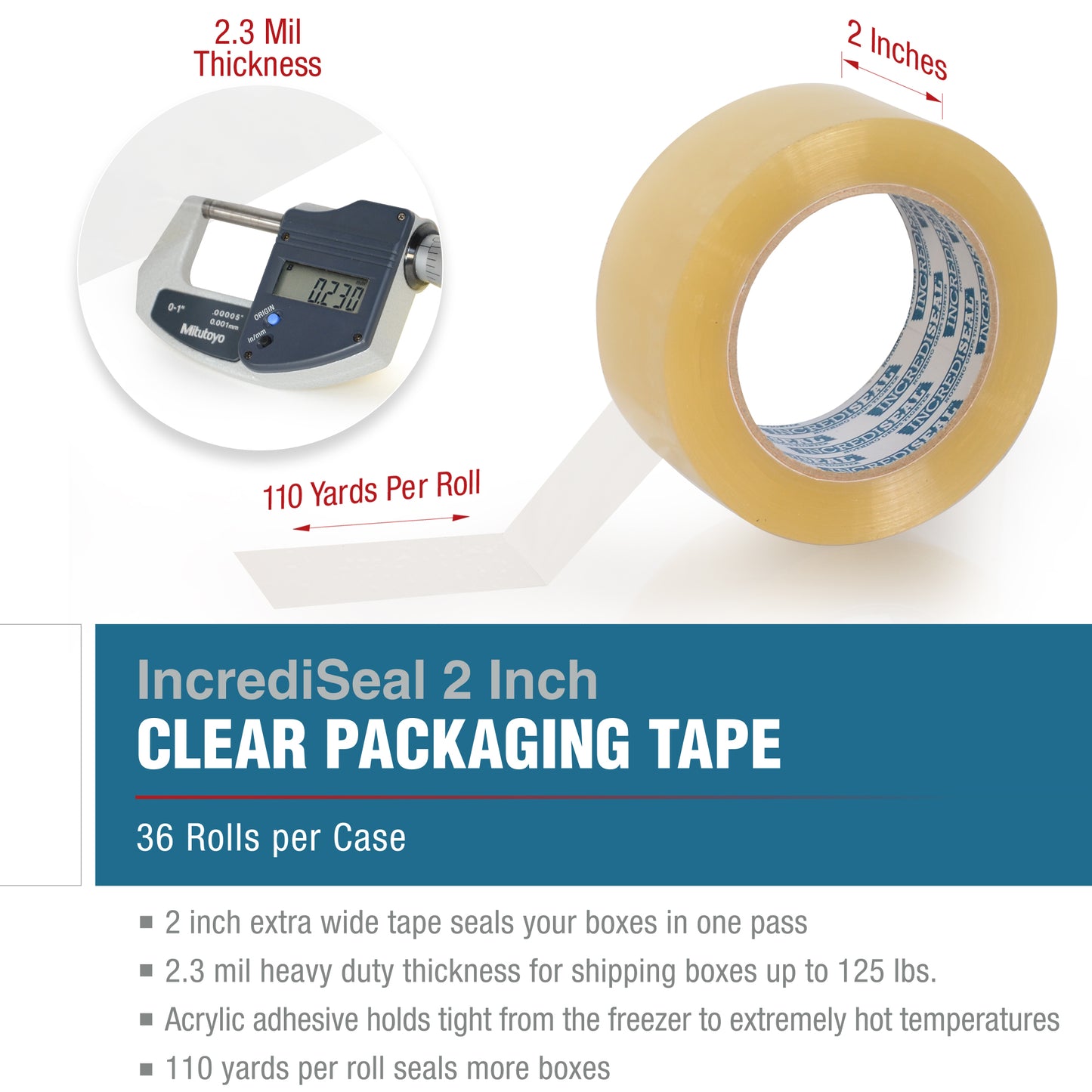 color: clear ~ size 2" ~ alt: AT2-3028 IncrediSeal ™ Polypro Packaging Tape, 2" x 110 yds, x 2.30 mil, Clear Hand Tape, 36 rolls/case