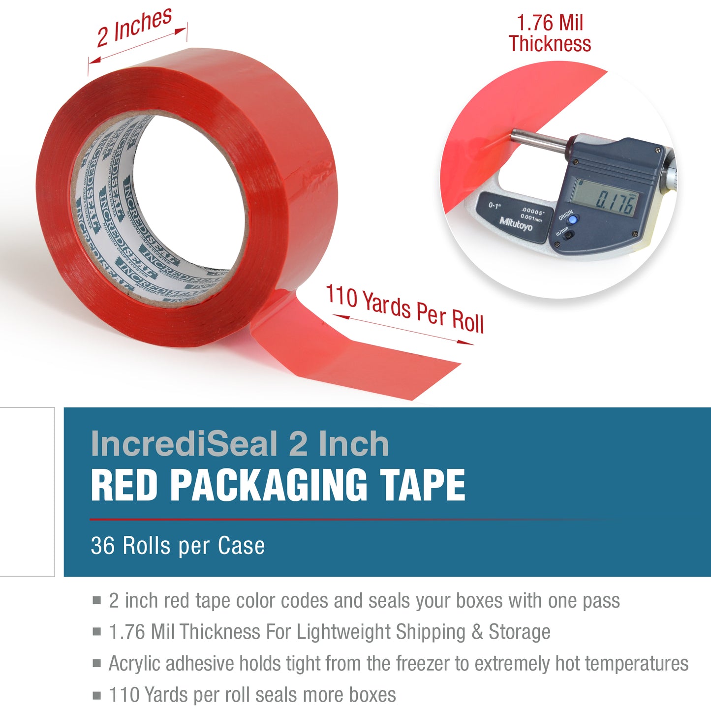 color: red ~ size 2" ~ alt: AT2-R2520 IncrediSeal ™ Polypro Packaging Tape, 2" x 110 yds, x 1.76 mil, Red Packaging Tape, 36 rolls/case