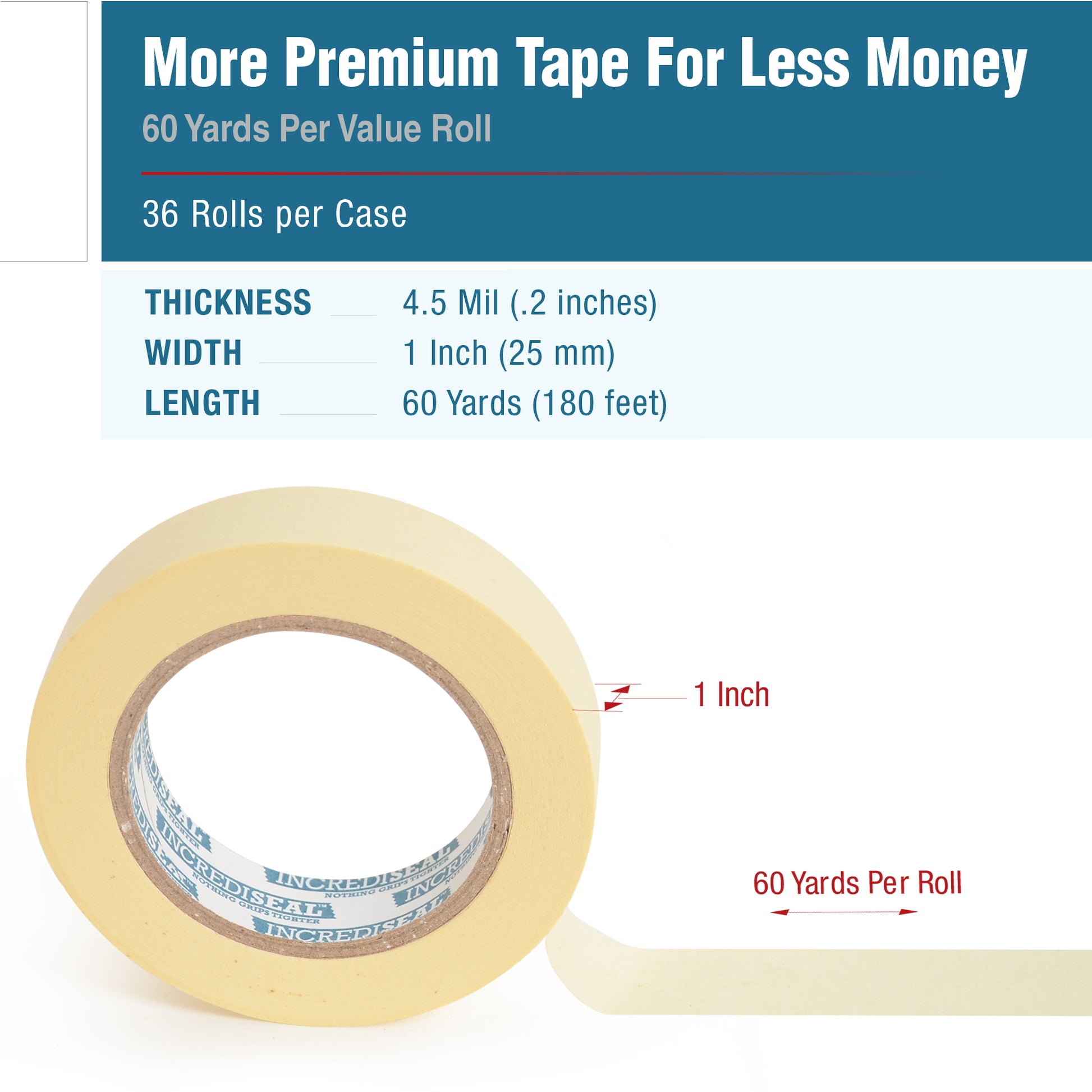 color: crepe ~ size 1" ~ alt: MT1-10040 IncrediSeal ™ Low Tack Masking Tape, 1" x 60 yds, x 4.50 mil, 36 rolls/case