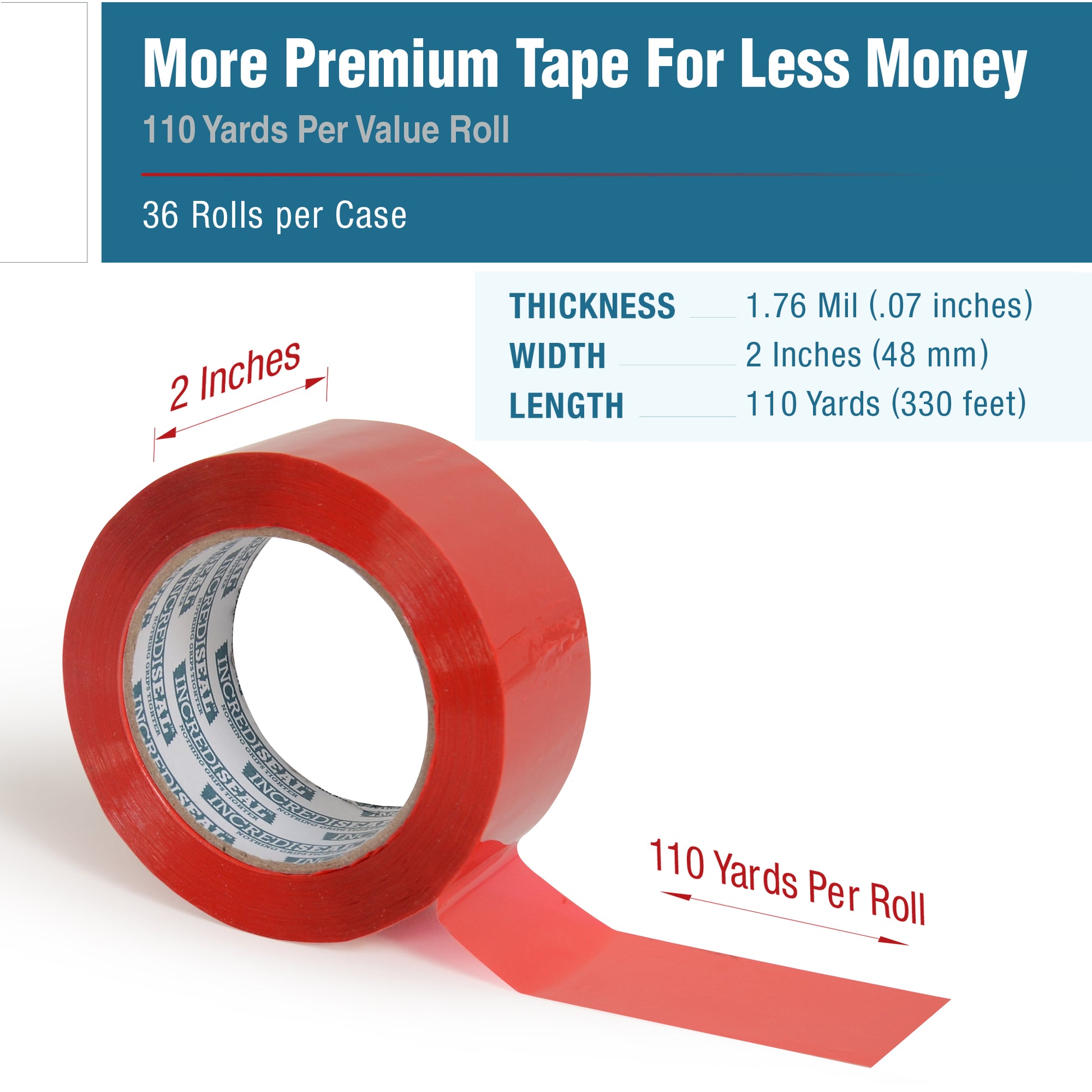 color: red ~ size 2" ~ alt: AT2-R2520 IncrediSeal ™ Polypro Packaging Tape, 2" x 110 yds, x 1.76 mil, Red Packaging Tape, 36 rolls/case