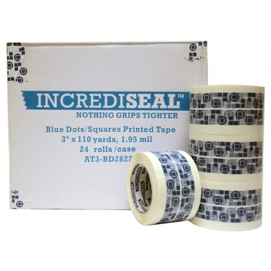 color: white ~ size 3" ~ alt: AT3-BD2822 IncrediSeal ™ Polypro Blue Dot Tape, 3" x 110 yds, x 1.95 mil, White w / Blue print, 24 rolls/case